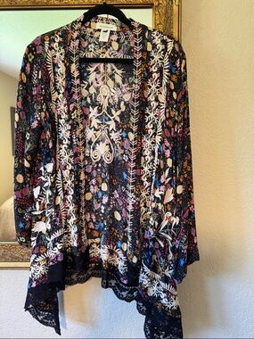 Sundance Black Floral Embroidered Open Front Cardigan